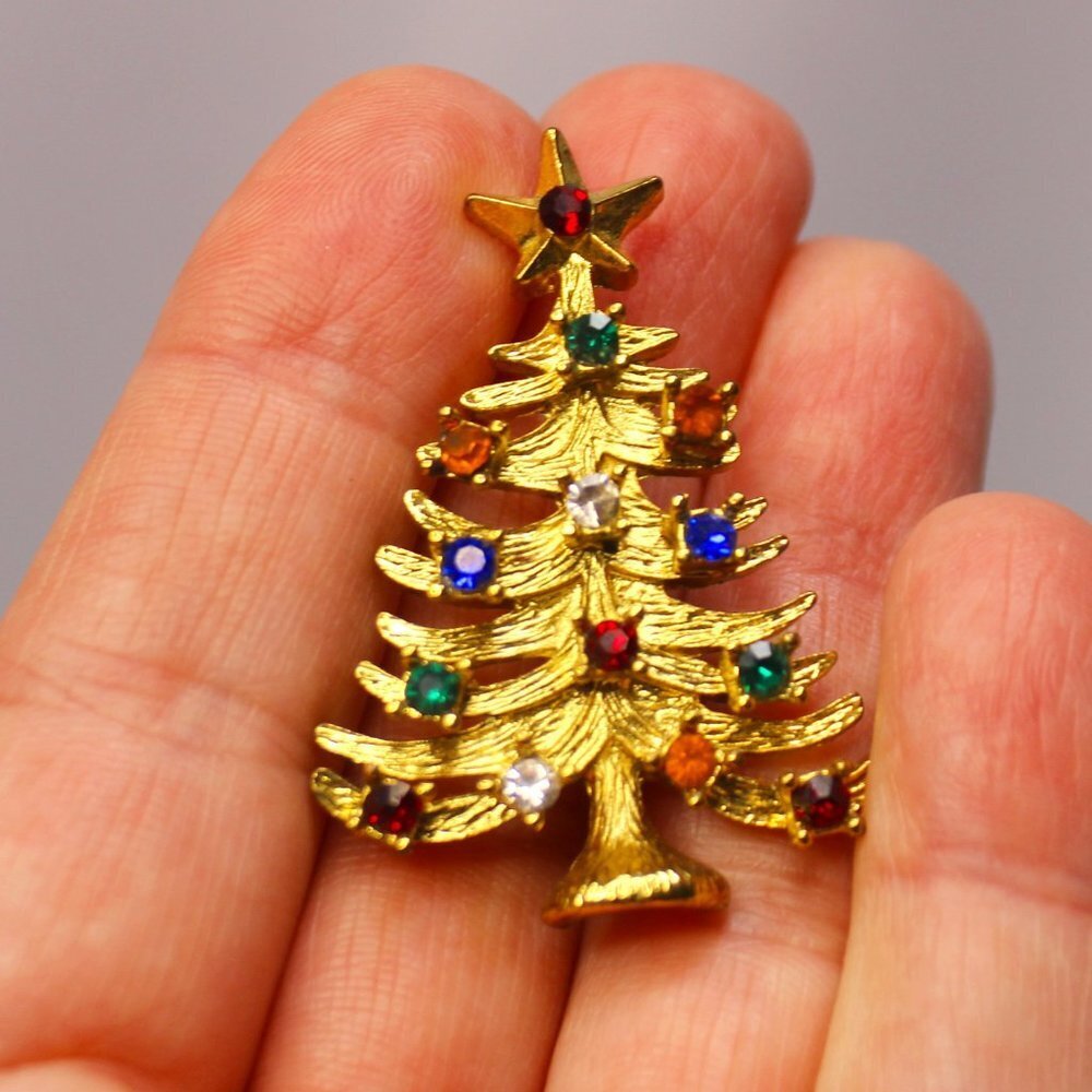 Multi-Color Rhinestone Gold Tone Christmas Tree Brooch/Pin - Picture 2 of 7